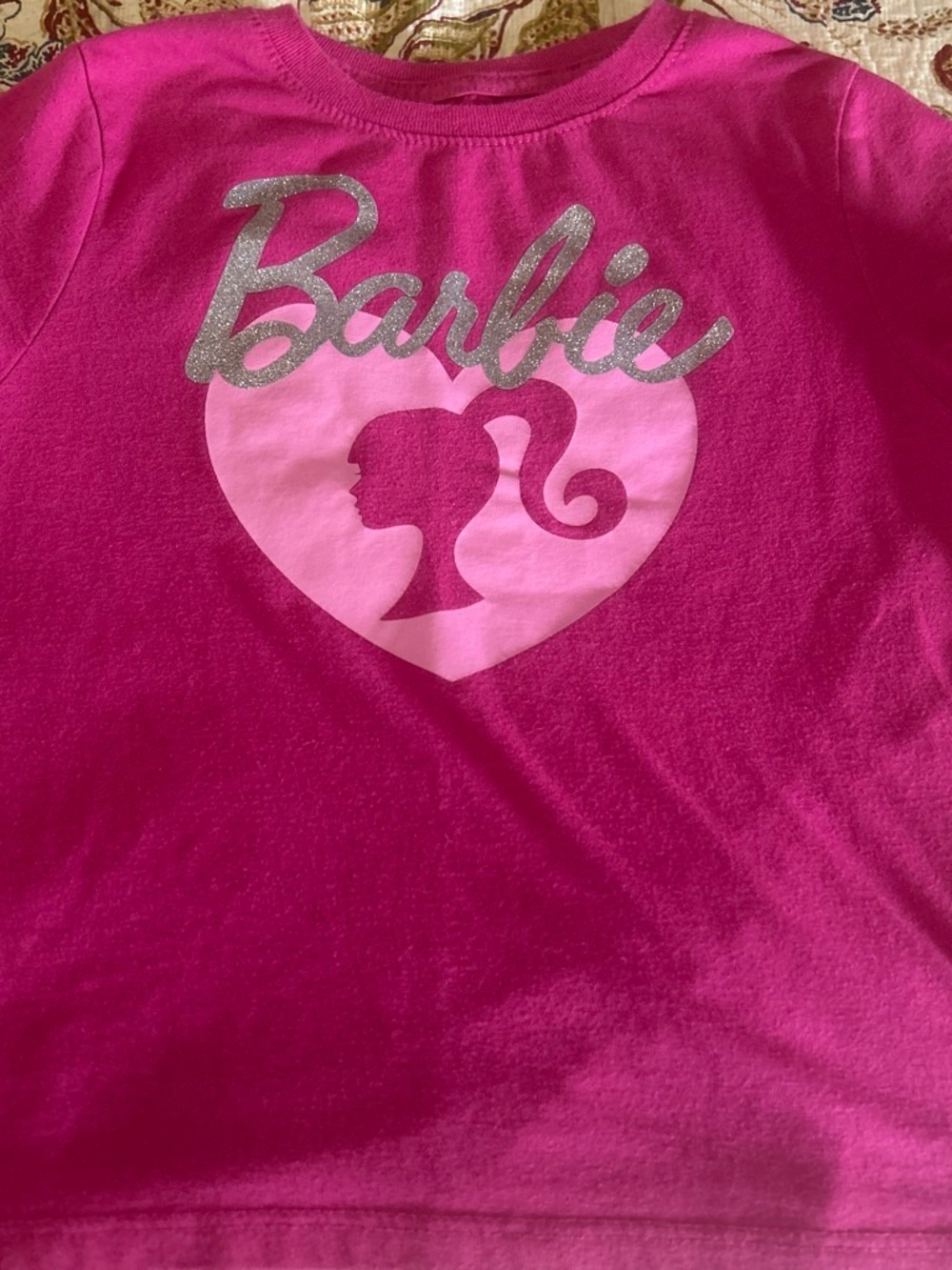 Barbie Bright Pink Tee with Light Pink Heart and Silver Glitter Logo